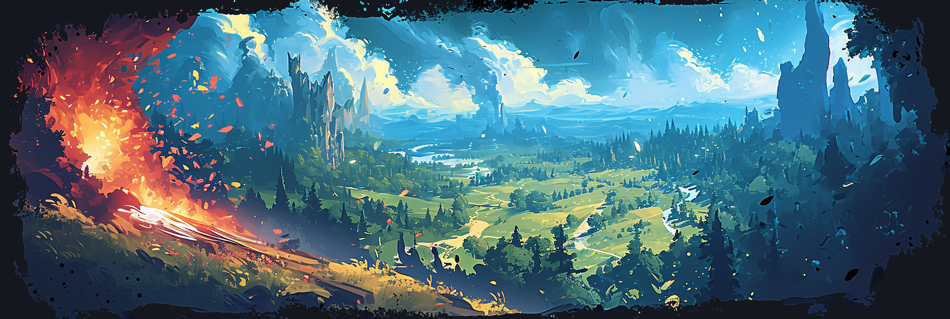 the battle rages in the valley below